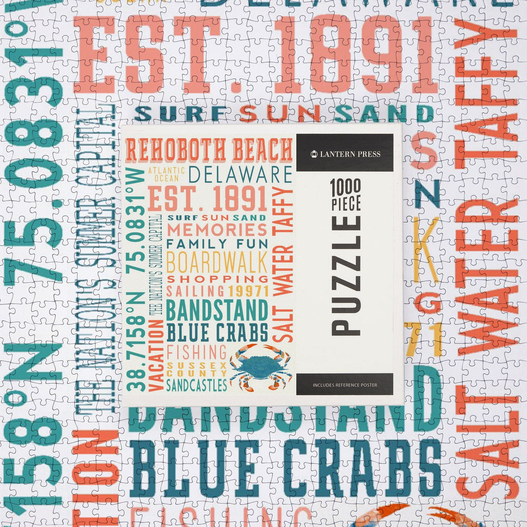 Rehoboth Beach, Delaware, Typography Stacked Series, Jigsaw Puzzle Puzzle Lantern Press 
