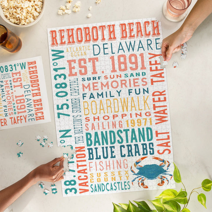 Rehoboth Beach, Delaware, Typography Stacked Series, Jigsaw Puzzle Puzzle Lantern Press 
