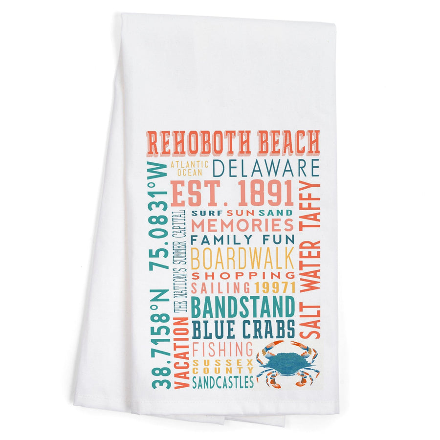 Rehoboth Beach, Delaware, Typography Stacked Series, Organic Cotton Kitchen Tea Towels Kitchen Lantern Press 