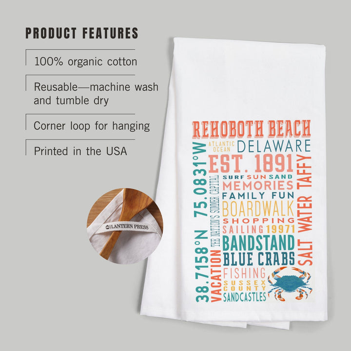 Rehoboth Beach, Delaware, Typography Stacked Series, Organic Cotton Kitchen Tea Towels Kitchen Lantern Press 