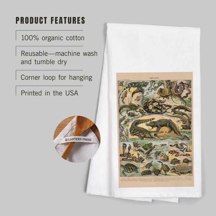 Reptiles, A, Vintage Bookplate, Adolphe Millot Artwork, Organic Cotton Kitchen Tea Towels Kitchen Lantern Press 
