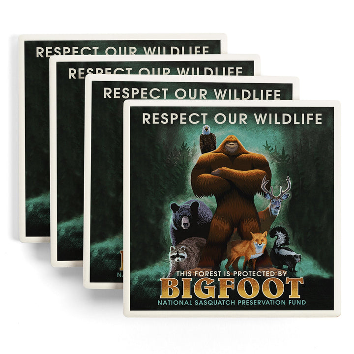 Respect Our Wildlife, Bigfoot, Lantern Press Artwork, Coaster Set Coasters Lantern Press 