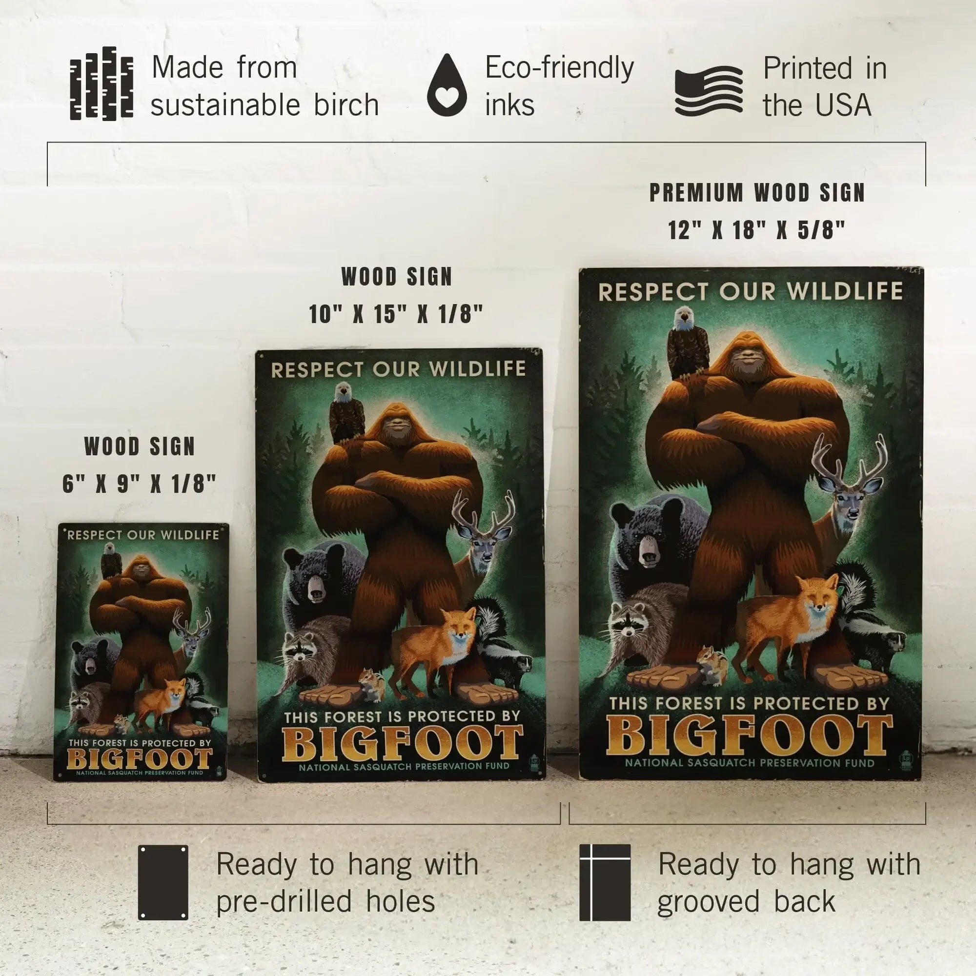 Respect Our Wildlife, Bigfoot, Lantern Press Artwork wood signs