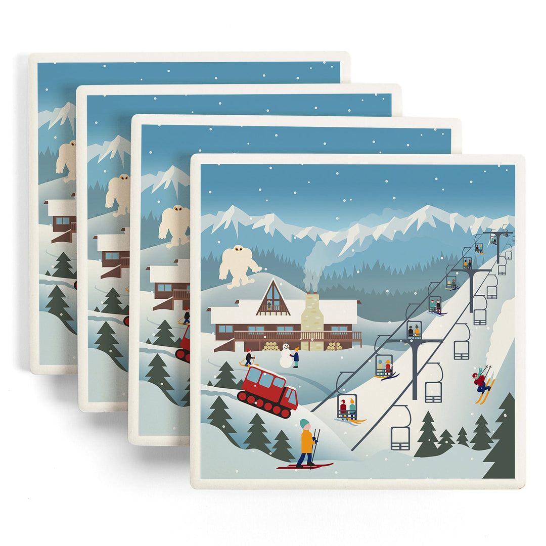 Retro Mountain Town, Lantern Press Artwork, Coaster Set Coasters Lantern Press 