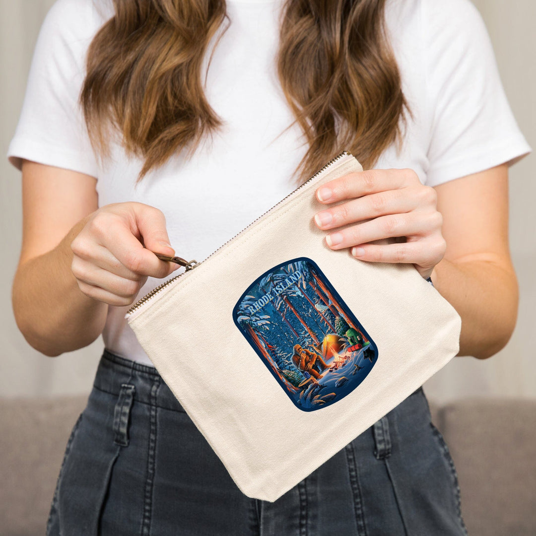 Rhode Island, Find Your Inner Squatch, Camping Bigfoot, Organic Cotton Zipper Pouch, Go Bag Totes Lantern Press 