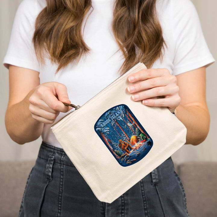 Rhode Island, Find Your Inner Squatch, Camping Bigfoot, Organic Cotton Zipper Pouch, Go Bag Totes Lantern Press 
