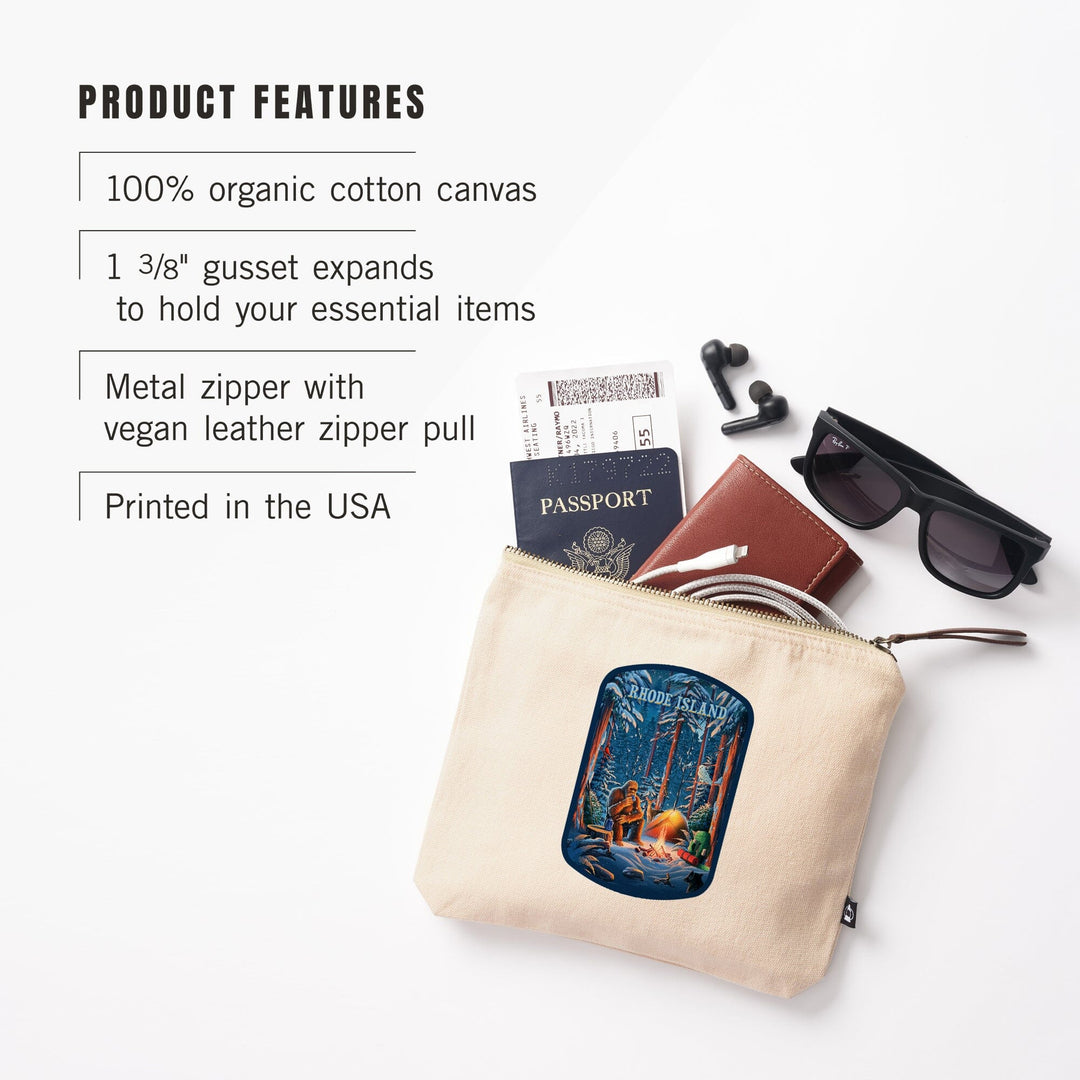 Rhode Island, Find Your Inner Squatch, Camping Bigfoot, Organic Cotton Zipper Pouch, Go Bag Totes Lantern Press 