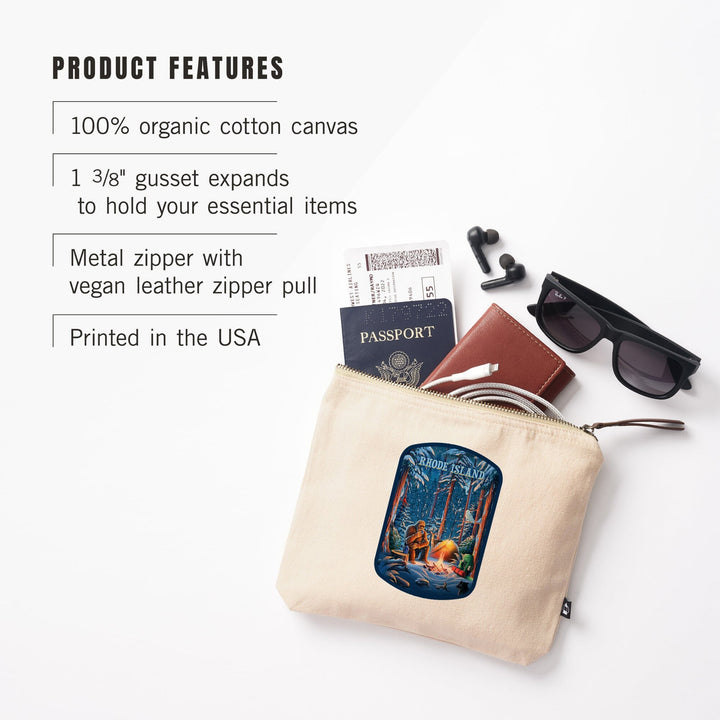 Rhode Island, Find Your Inner Squatch, Camping Bigfoot, Organic Cotton Zipper Pouch, Go Bag Totes Lantern Press 