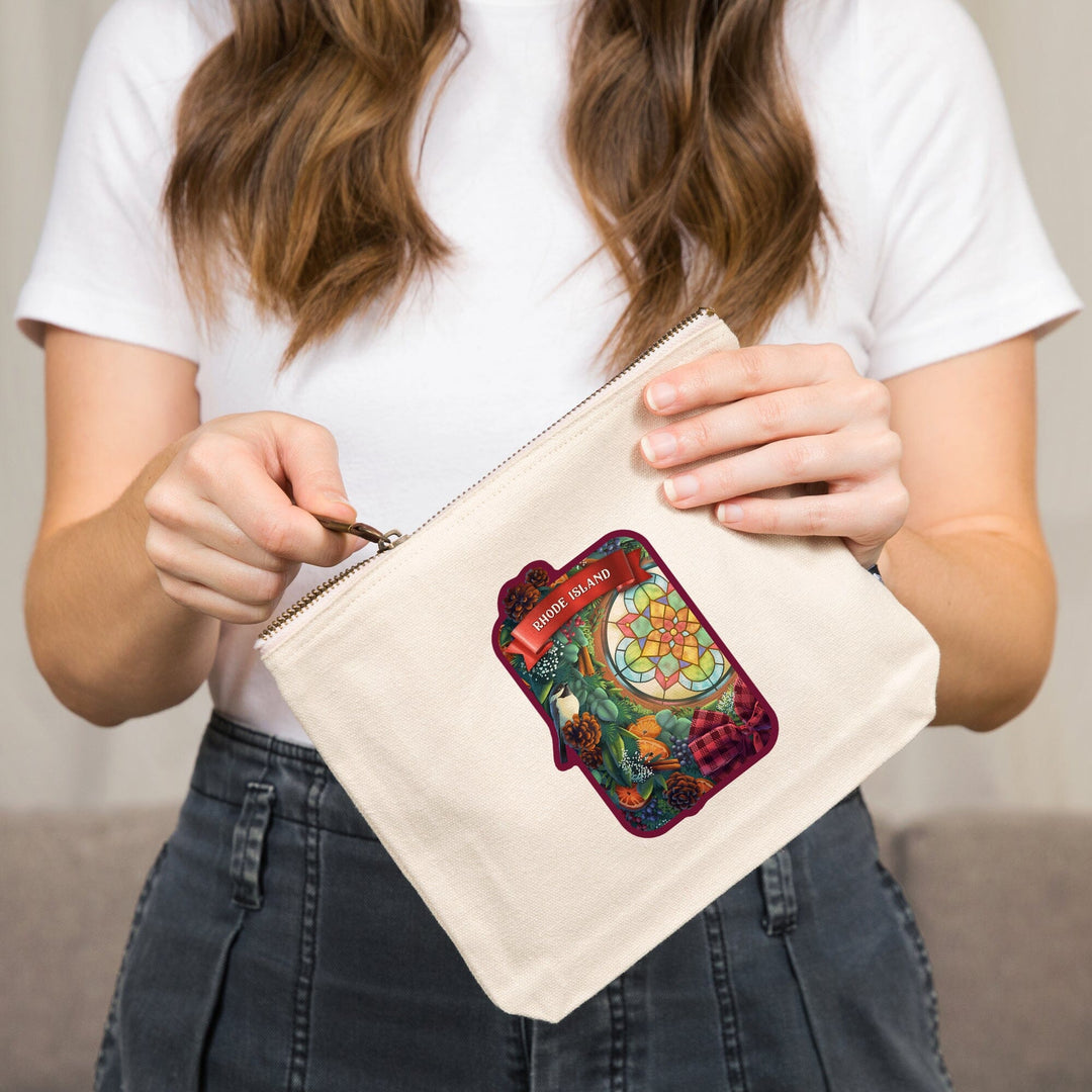 Rhode Island, Front Door with Christmas Wreath,, Organic Cotton Zipper Pouch, Go Bag Go Bag Lantern Press 