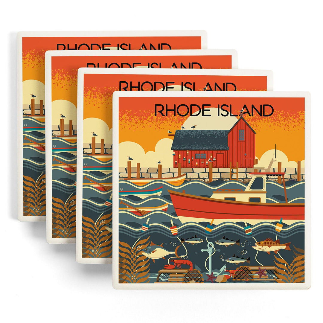 Rhode Island, Nautical Geometric, Lantern Press Artwork, Coaster Set Coasters Lantern Press 