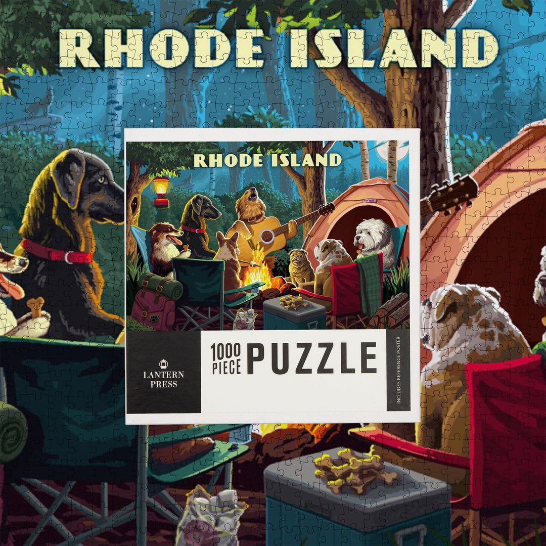 Rhode Island, Painterly, Pack Life, Dogs Around Campfire, Jigsaw Puzzle Puzzle Lantern Press 