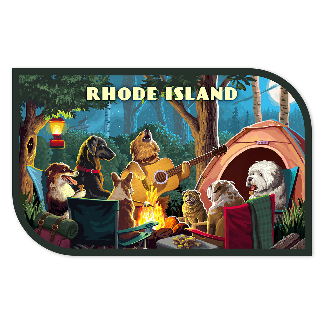 Rhode Island, Painterly, Pack Life, Dogs Around Campfire, Vinyl Sticker Sticker Lantern Press 