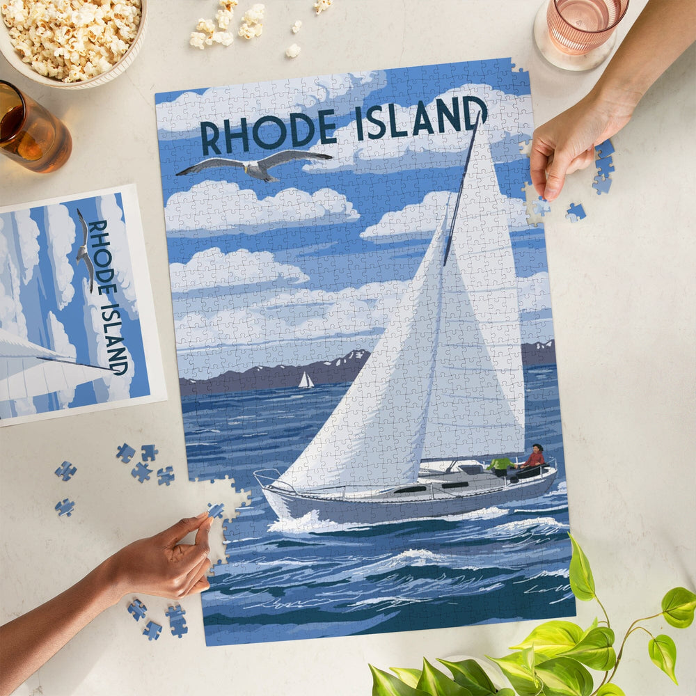 Rhode Island, Painterly, Sloop Sailboat and Lake, Jigsaw Puzzle Puzzle Lantern Press 