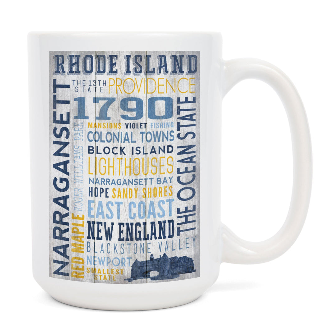 Rhode Island, Rustic Typography w/ Narragansett Tower, Lantern Press Artwork, Ceramic Mug Mugs Lantern Press 