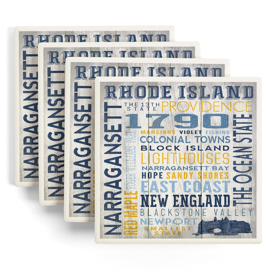 Rhode Island, Rustic Typography w/ Narragansett Tower, Lantern Press Artwork, Coaster Set Coasters Lantern Press 