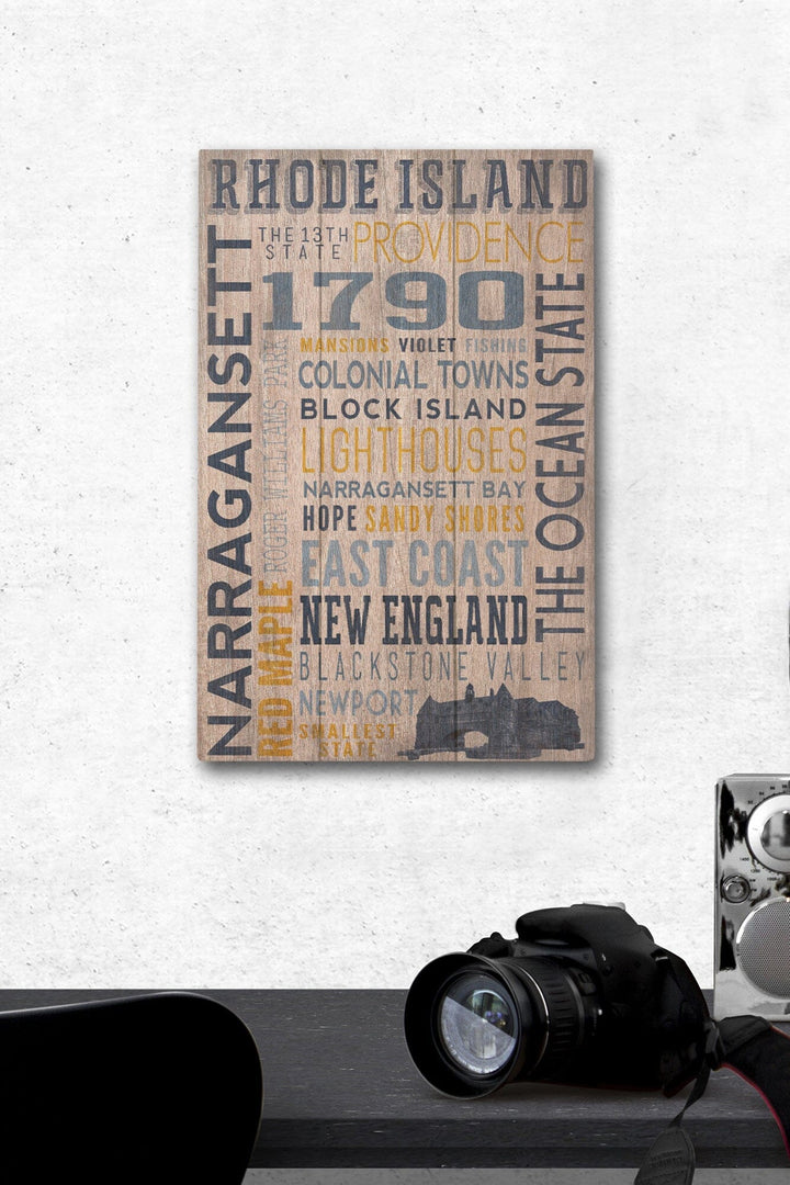 Rhode Island, Rustic Typography w/ Narragansett Tower, Lantern Press Artwork, Wood Signs and Postcards Wood Lantern Press 12 x 18 Wood Gallery Print 