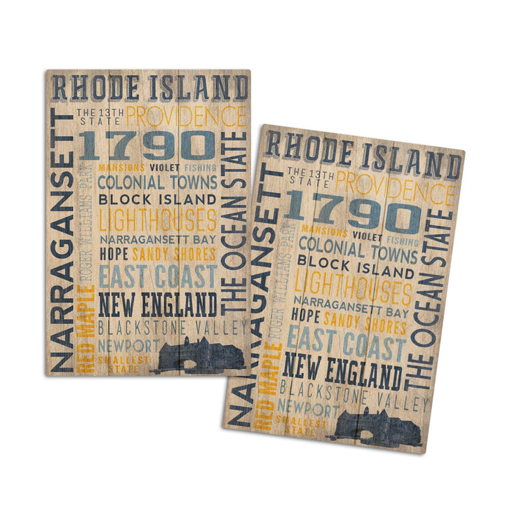 Rhode Island, Rustic Typography w/ Narragansett Tower, Lantern Press Artwork, Wood Signs and Postcards Wood Lantern Press 4x6 Wood Postcard Set 