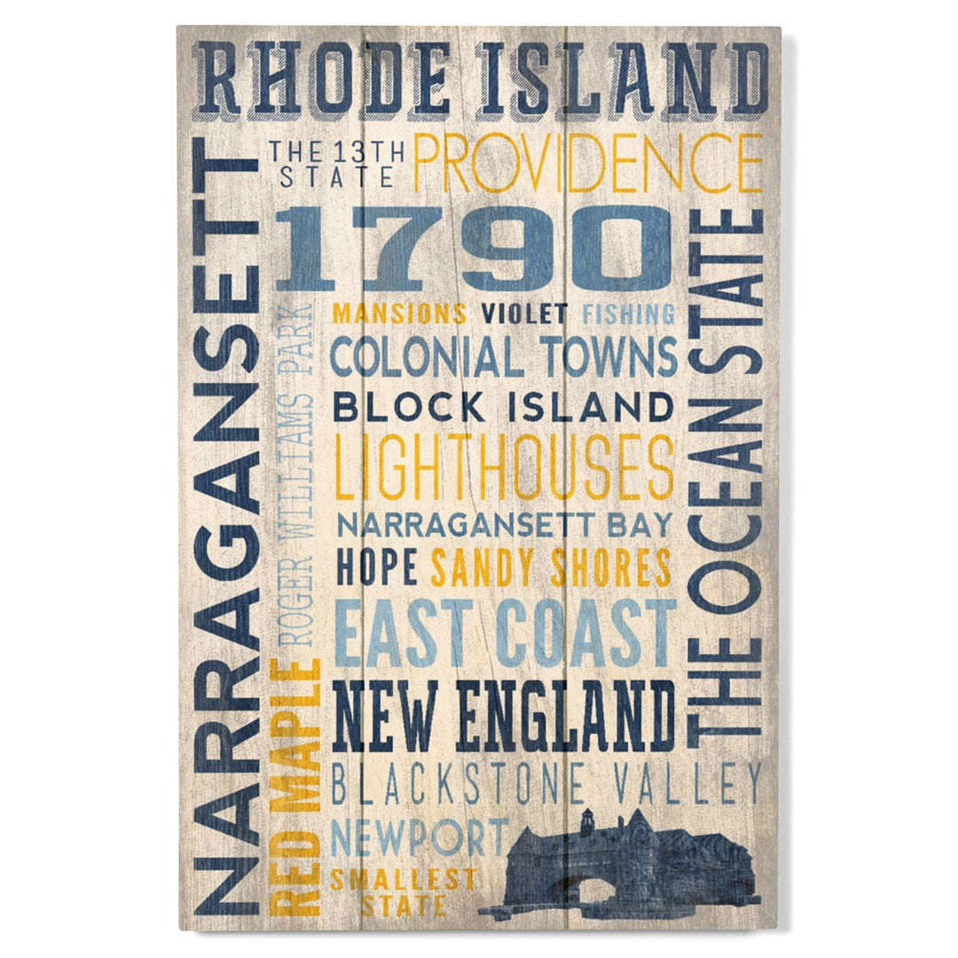 Rhode Island, Rustic Typography w/ Narragansett Tower, Lantern Press Artwork, Wood Signs and Postcards Wood Lantern Press 