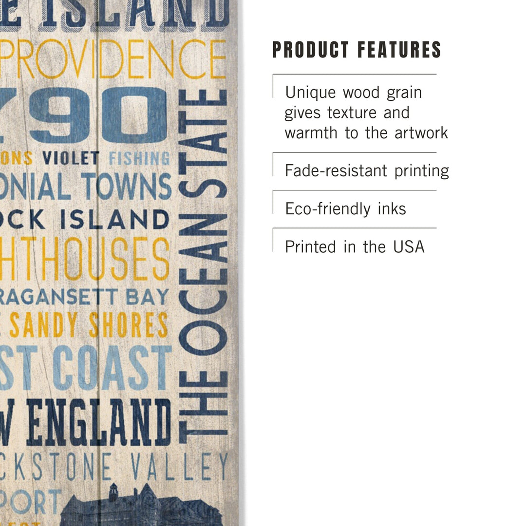 Rhode Island, Rustic Typography w/ Narragansett Tower, Lantern Press Artwork, Wood Signs and Postcards Wood Lantern Press 