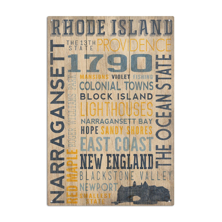 Rhode Island, Rustic Typography w/ Narragansett Tower, Lantern Press Artwork, Wood Signs and Postcards Wood Lantern Press 6x9 Wood Sign 