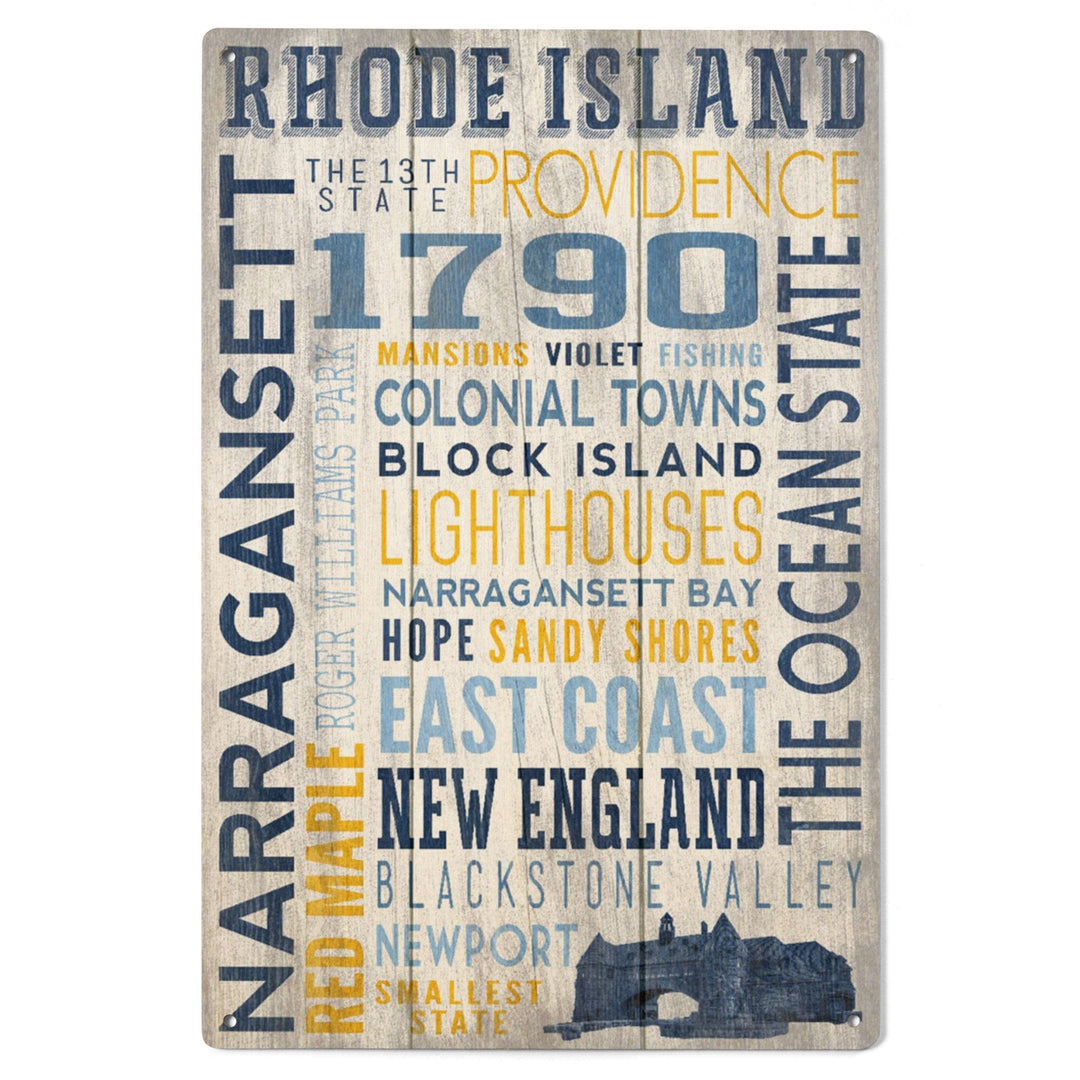 Rhode Island, Rustic Typography w/ Narragansett Tower, Lantern Press Artwork, Wood Signs and Postcards Wood Lantern Press 