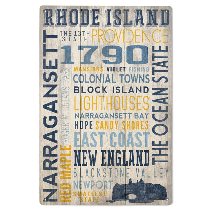 Rhode Island, Rustic Typography w/ Narragansett Tower, Lantern Press Artwork, Wood Signs and Postcards Wood Lantern Press 
