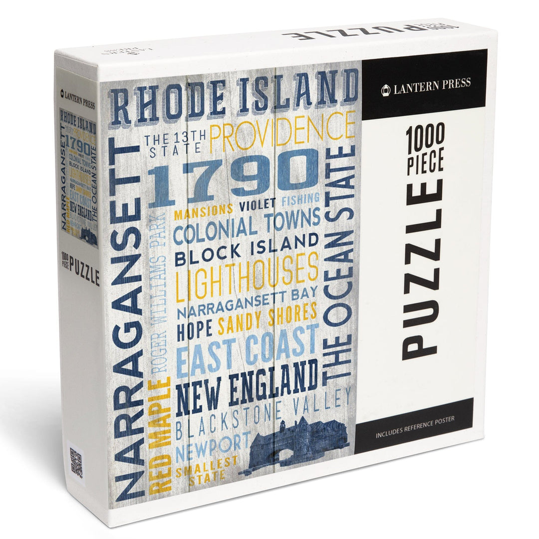 Rhode Island, Rustic Typography with Narragansett Tower, Jigsaw Puzzle Puzzle Lantern Press 