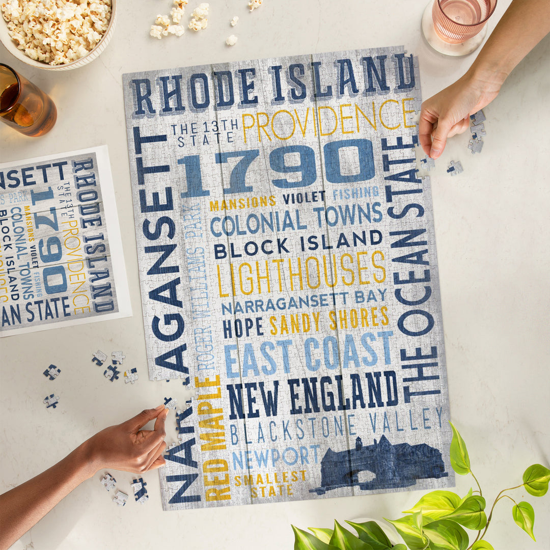 Rhode Island, Rustic Typography with Narragansett Tower, Jigsaw Puzzle Puzzle Lantern Press 