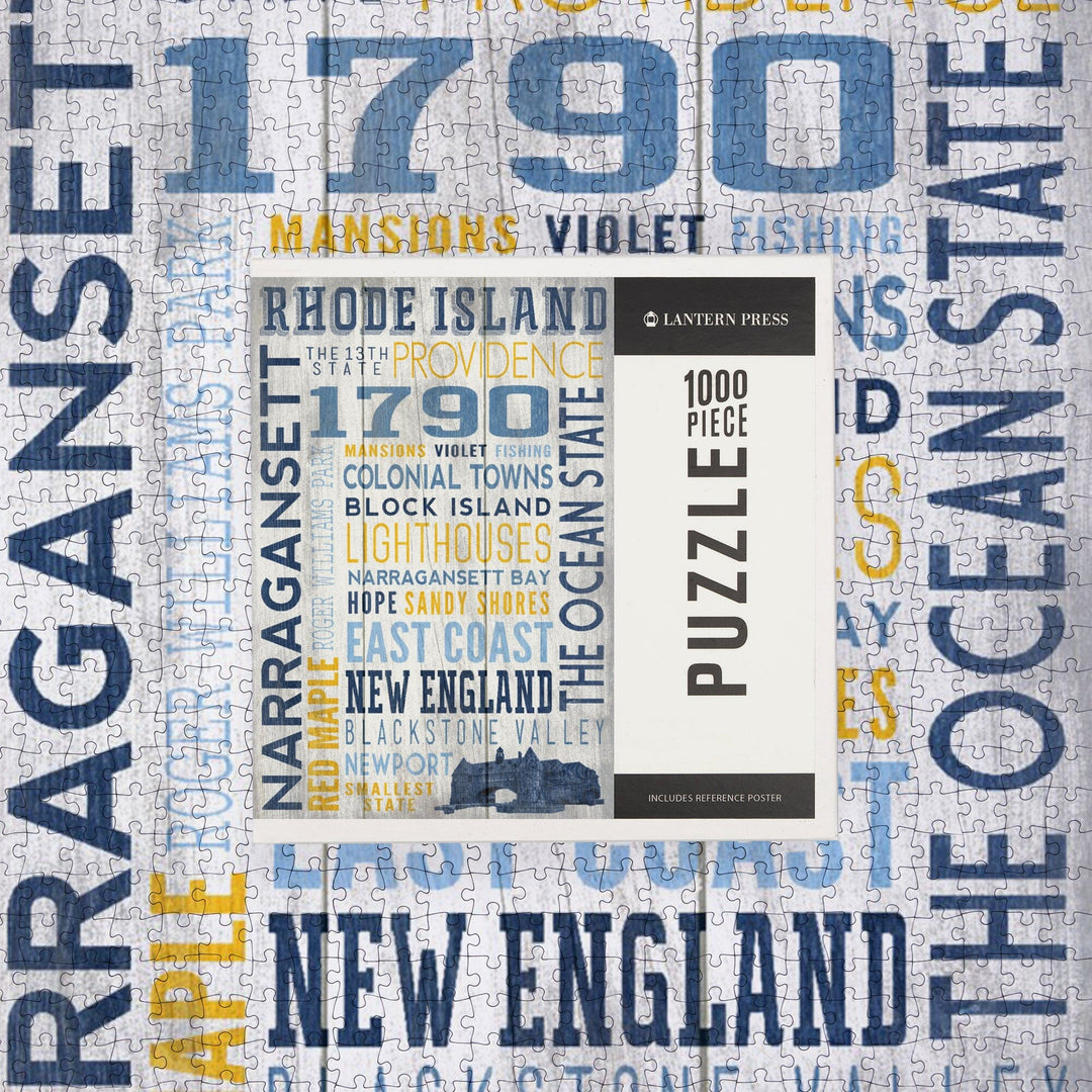 Rhode Island, Rustic Typography with Narragansett Tower, Jigsaw Puzzle Puzzle Lantern Press 
