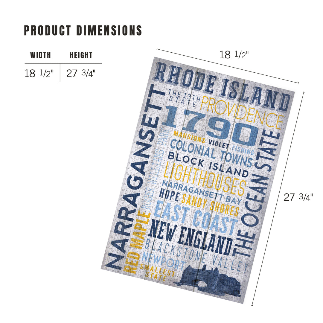 Rhode Island, Rustic Typography with Narragansett Tower, Jigsaw Puzzle Puzzle Lantern Press 