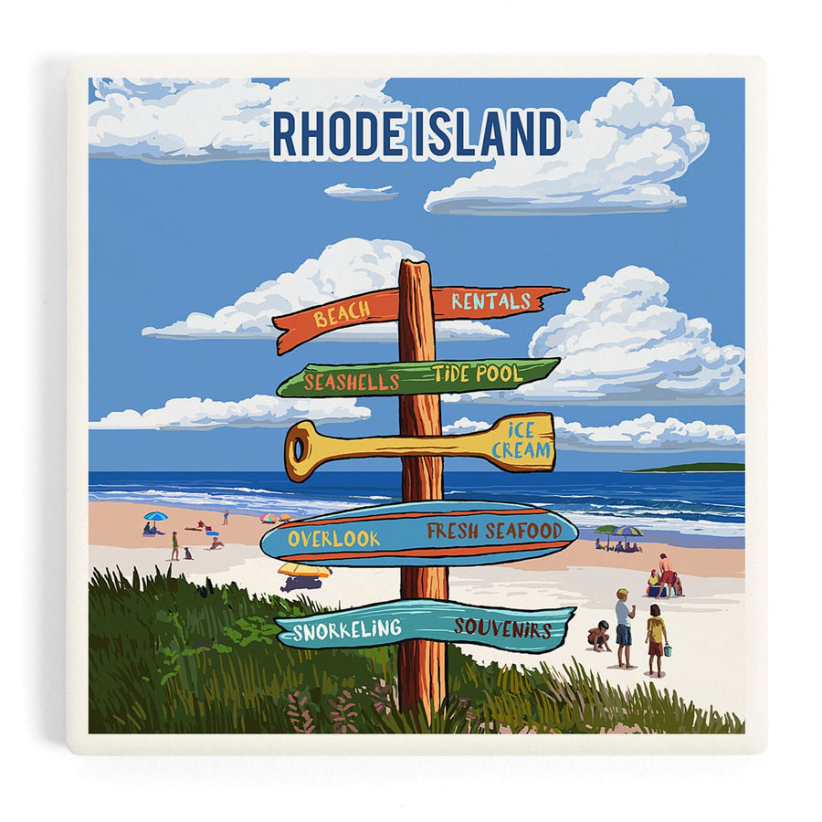Rhode Island, Signpost, Coast Beach with Umbrellas, Coasters Coasters Lantern Press 