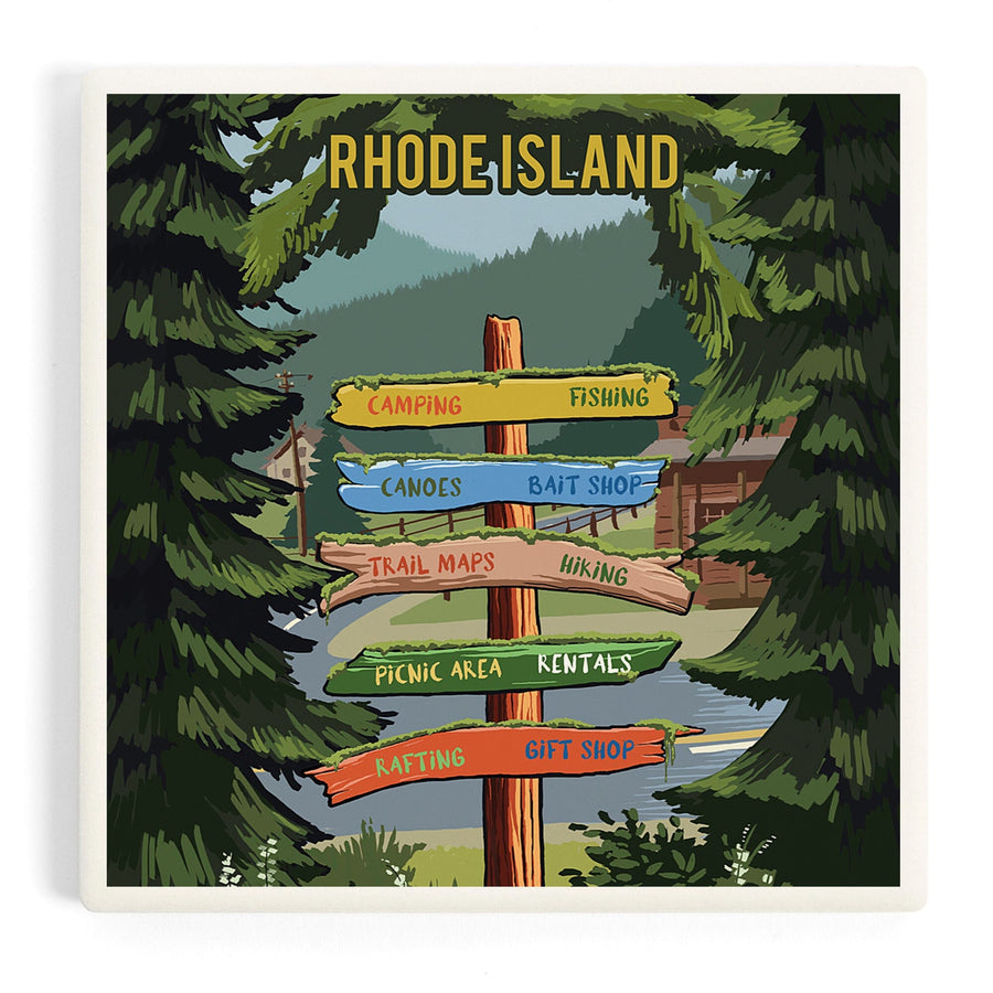 Rhode Island, Signpost, Forest and Camp, Coasters Coasters Lantern Press 