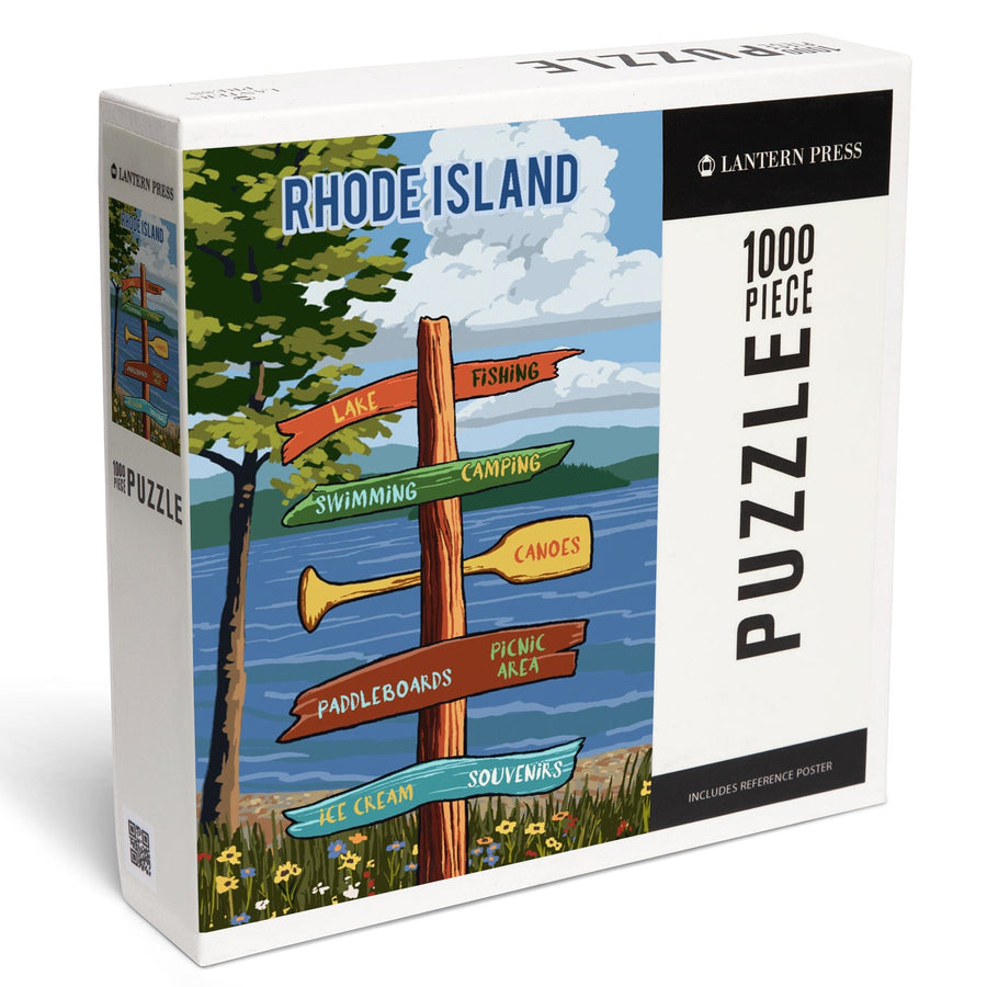 Rhode Island, Signpost, Lake and Flowers, Jigsaw Puzzle Puzzle Lantern Press 