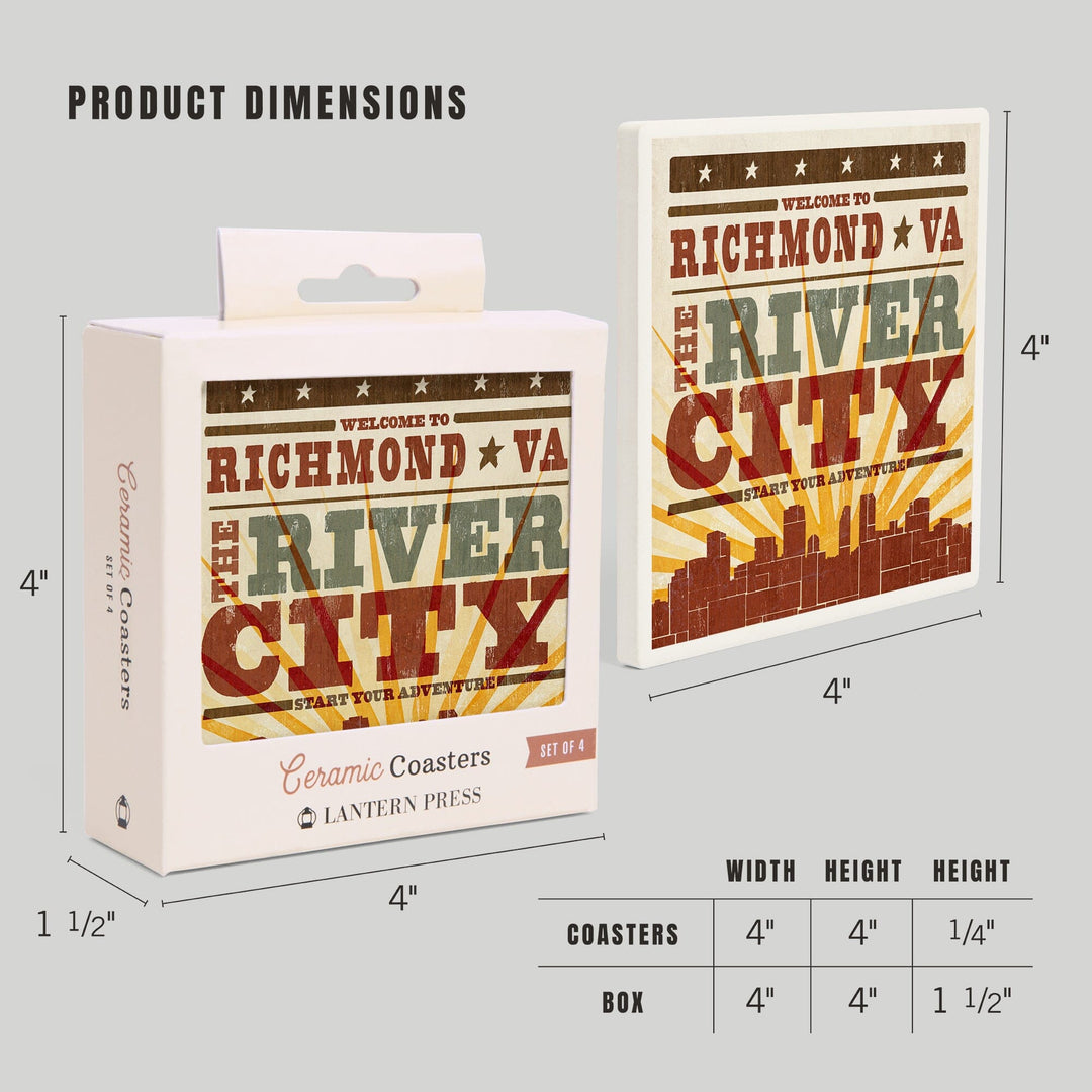 Richmond, Virginia, Skyline & Sunburst Screenprint Style, Lantern Press Artwork, Coaster Set Coasters Lantern Press 