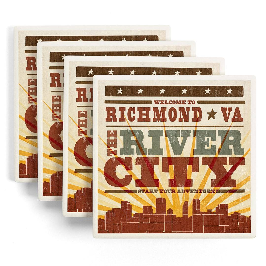 Richmond, Virginia, Skyline & Sunburst Screenprint Style, Lantern Press Artwork, Coaster Set Coasters Lantern Press 