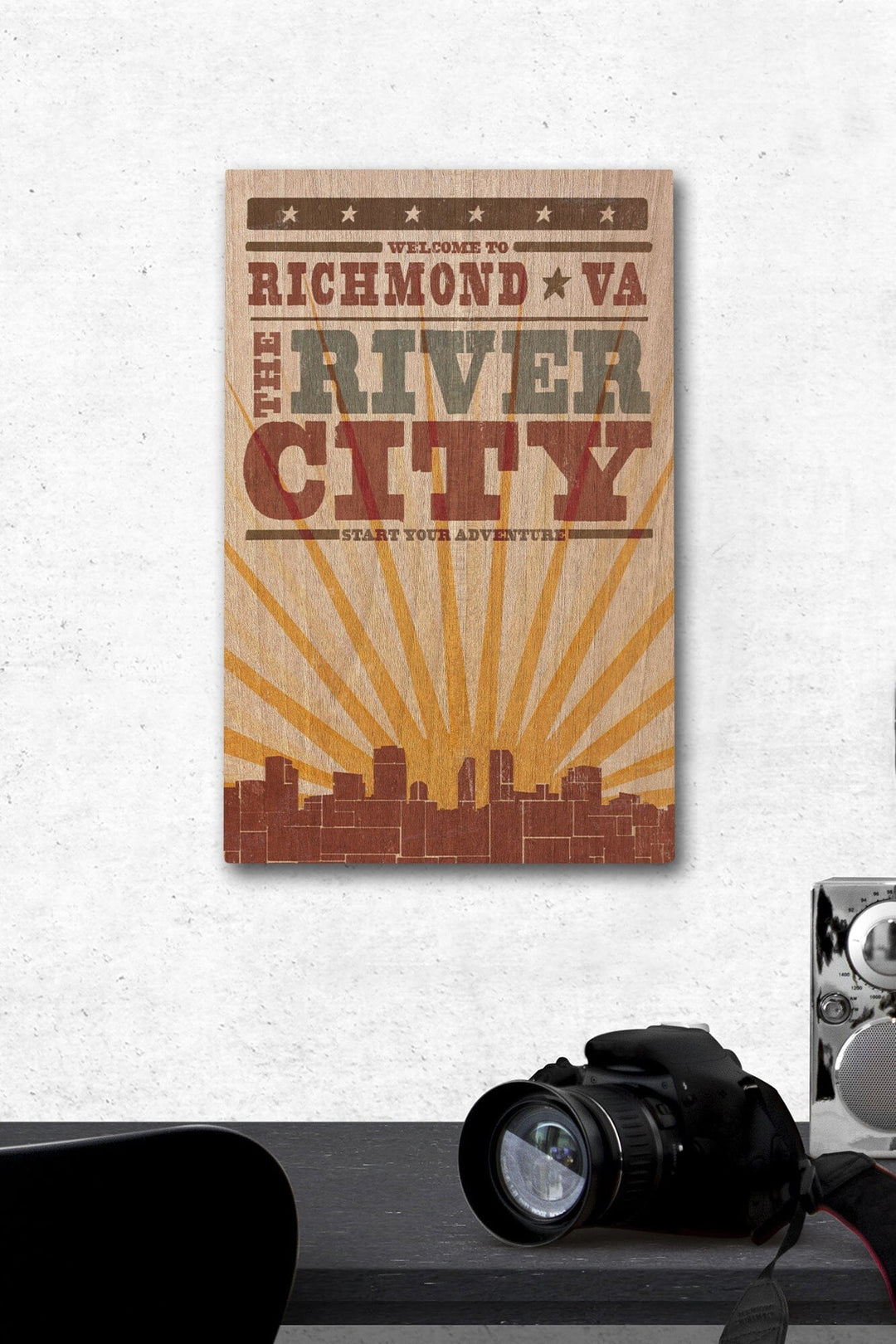 Richmond, Virginia, Skyline & Sunburst Screenprint Style, Lantern Press Artwork, Wood Signs and Postcards Wood Lantern Press 12 x 18 Wood Gallery Print 
