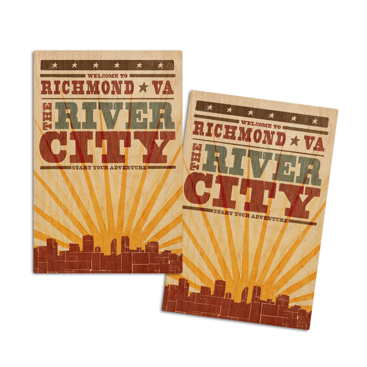Richmond, Virginia, Skyline & Sunburst Screenprint Style, Lantern Press Artwork, Wood Signs and Postcards Wood Lantern Press 4x6 Wood Postcard Set 