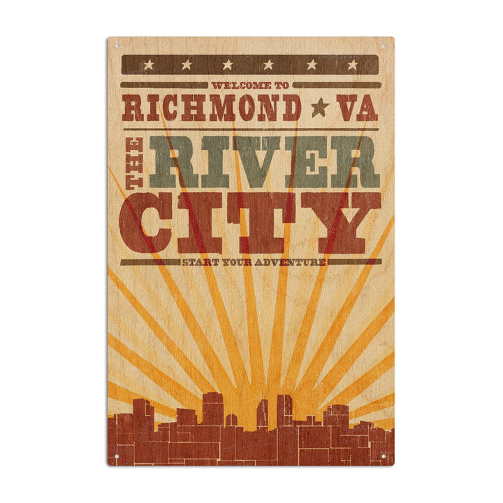 Richmond, Virginia, Skyline & Sunburst Screenprint Style, Lantern Press Artwork, Wood Signs and Postcards Wood Lantern Press 6x9 Wood Sign 
