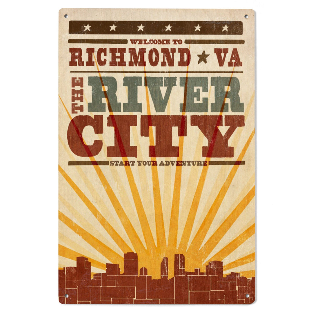 Richmond, Virginia, Skyline & Sunburst Screenprint Style, Lantern Press Artwork, Wood Signs and Postcards Wood Lantern Press 