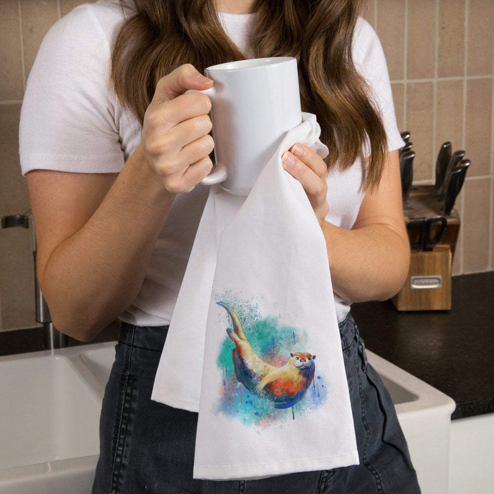 River Otter, Watercolor, Organic Cotton Kitchen Tea Towels Kitchen Lantern Press 
