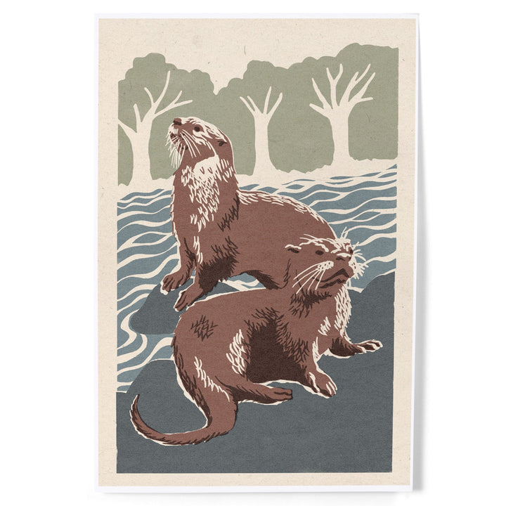 River Otters, Woodblock Print, Art & Giclee Prints Art Lantern Press 
