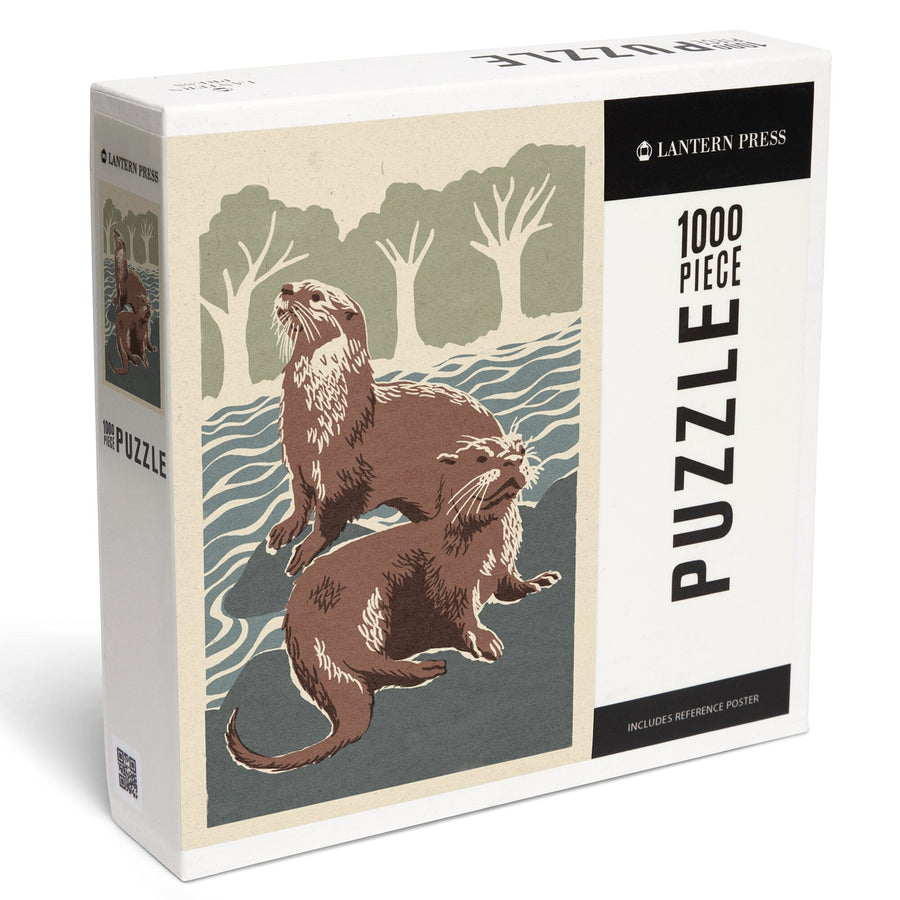 River Otters, Woodblock Print, Jigsaw Puzzle Puzzle Lantern Press 