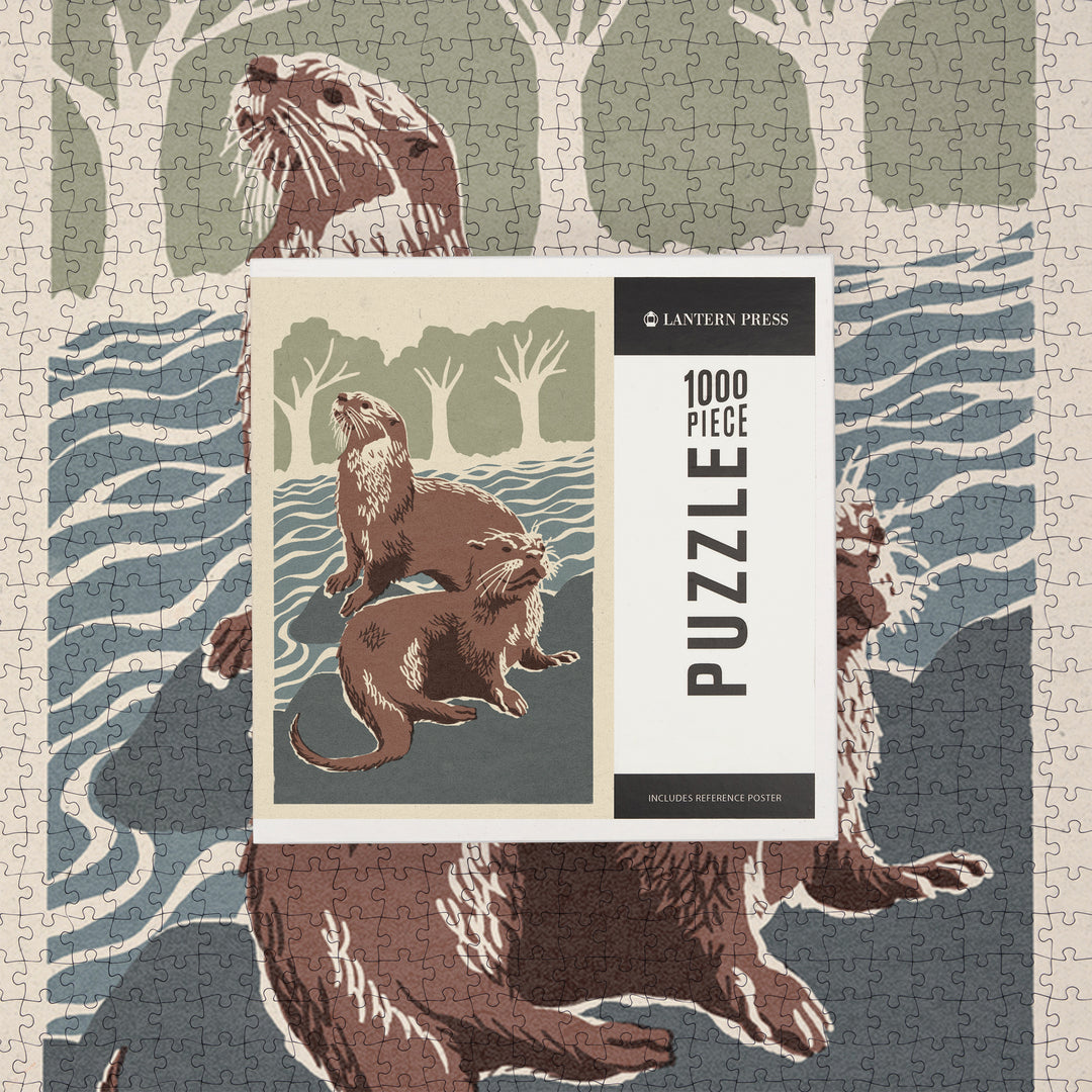 River Otters, Woodblock Print, Jigsaw Puzzle Puzzle Lantern Press 