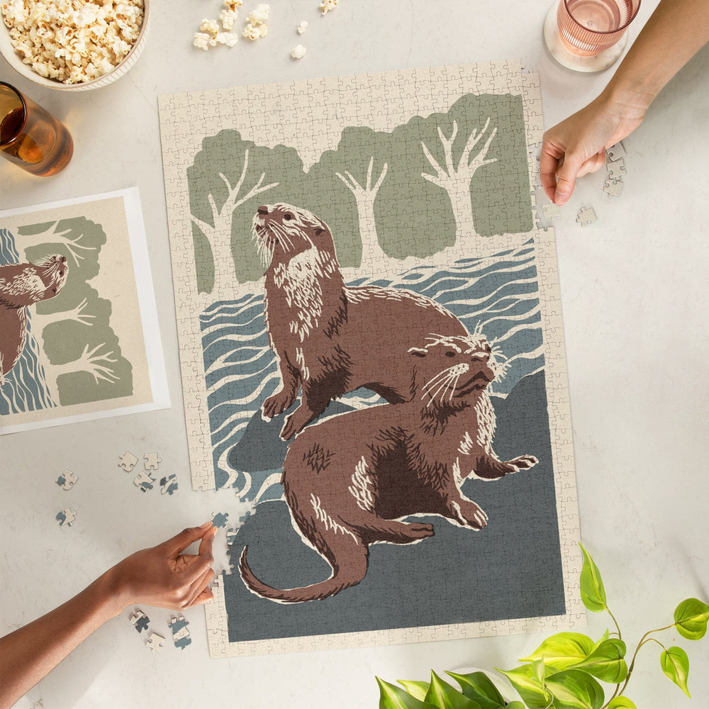 River Otters, Woodblock Print, Jigsaw Puzzle Puzzle Lantern Press 