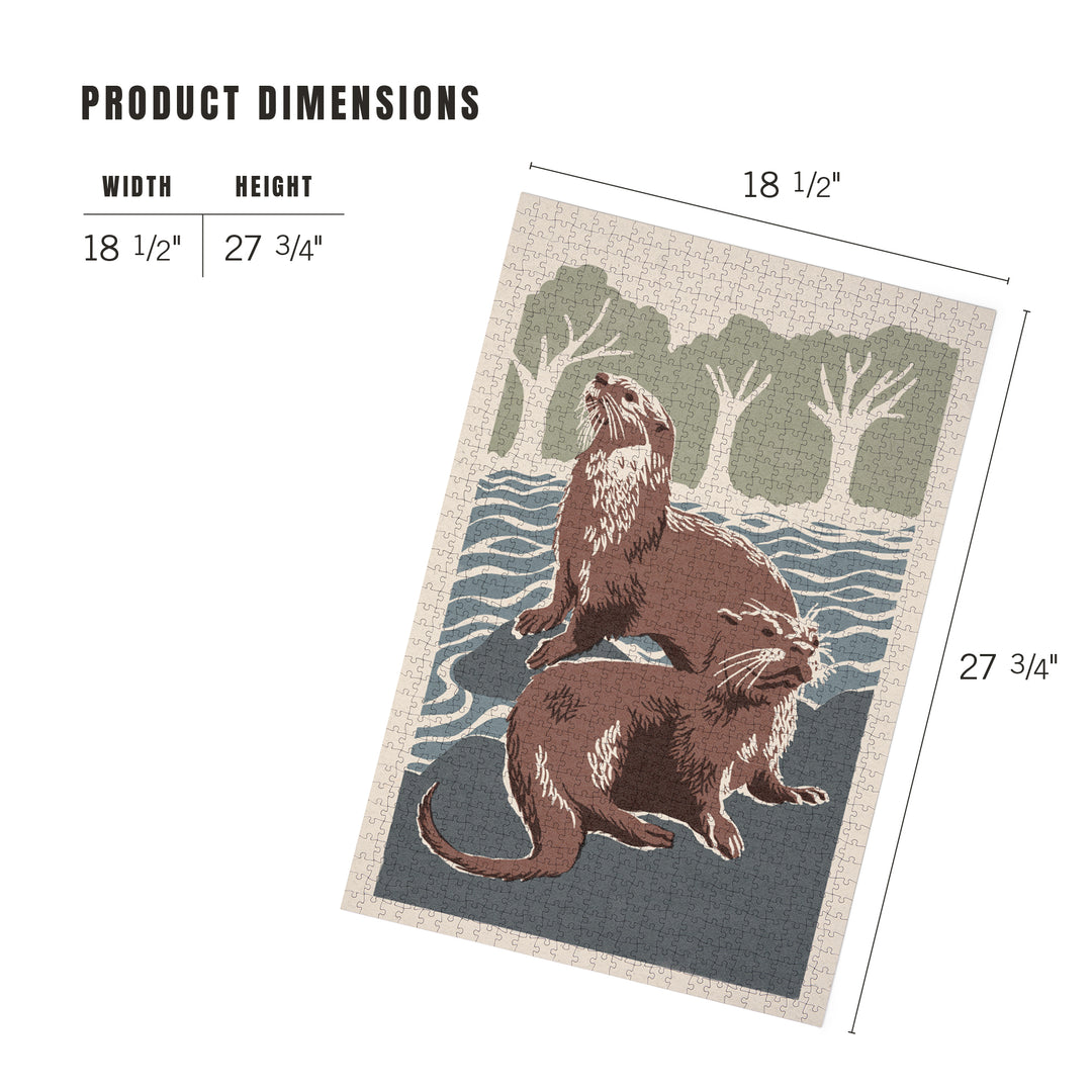 River Otters, Woodblock Print, Jigsaw Puzzle Puzzle Lantern Press 