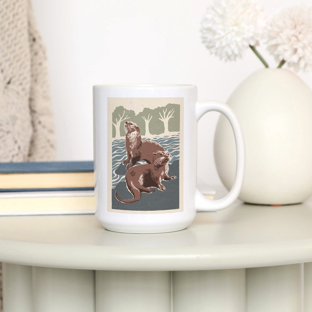 River Otters, Woodblock Print, Lantern Press Artwork, Ceramic Mug Mugs Lantern Press 