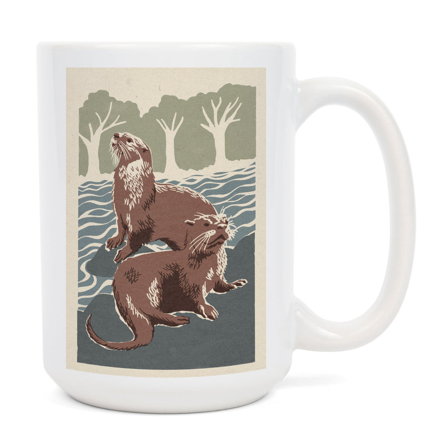River Otters, Woodblock Print, Lantern Press Artwork, Ceramic Mug Mugs Lantern Press 