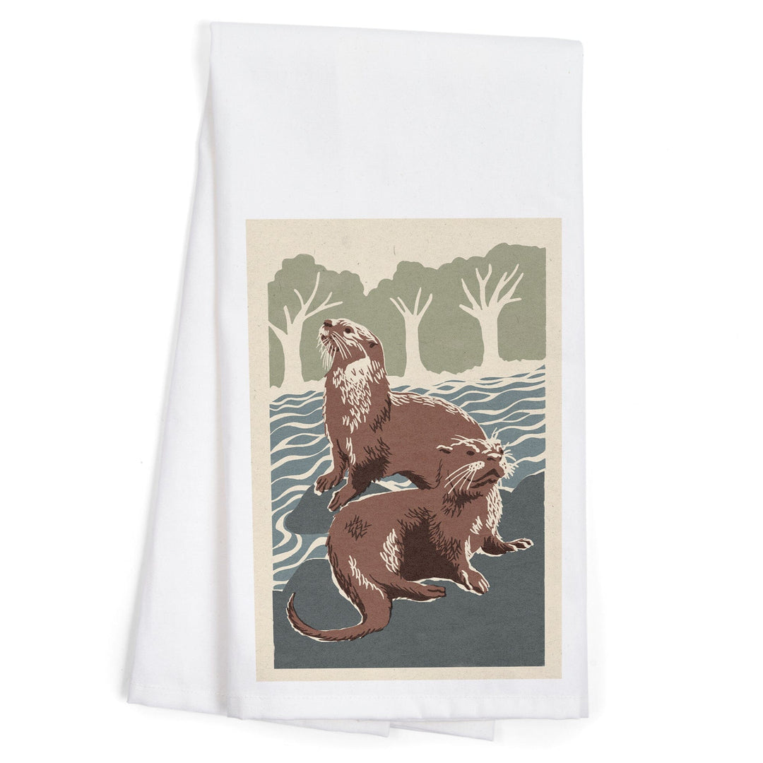 River Otters, Woodblock Print, Organic Cotton Kitchen Tea Towels Kitchen Lantern Press 