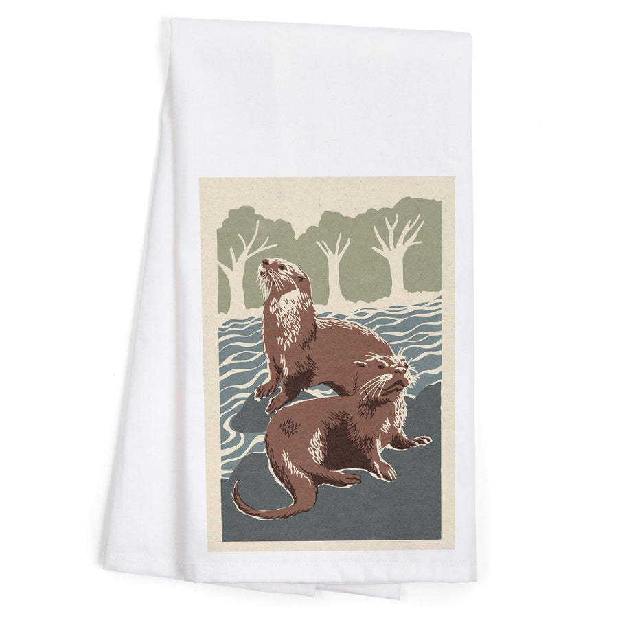 River Otters, Woodblock Print, Organic Cotton Kitchen Tea Towels Kitchen Lantern Press 