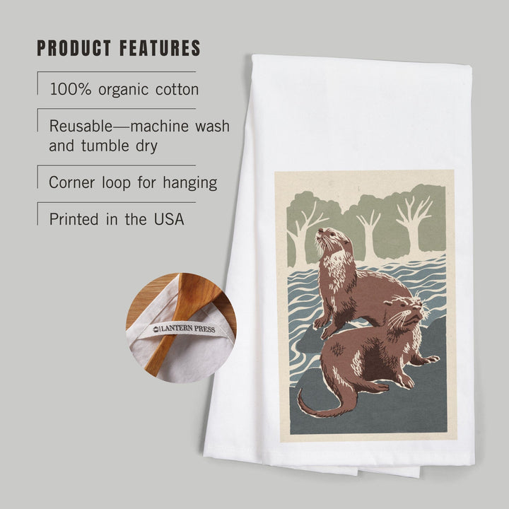 River Otters, Woodblock Print, Organic Cotton Kitchen Tea Towels Kitchen Lantern Press 